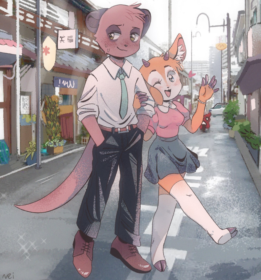 1boy 1girl aggressive_retsuko architecture blue_eyes blush bracelet building car cerealnei city cityscape couple dating east_asian_architecture formal furry furry_with_furry gazelle green_eyes ground_vehicle heart hetero highres holding hooves jewelry komiya_(aggretsuko) lamppost lantern looking_at_viewer meerkat motor_vehicle motorcycle one_eye_closed open_mouth plant road sanrio skirt smile sparkle street tail thigh-highs tsunoda_(aggretsuko) waving writing