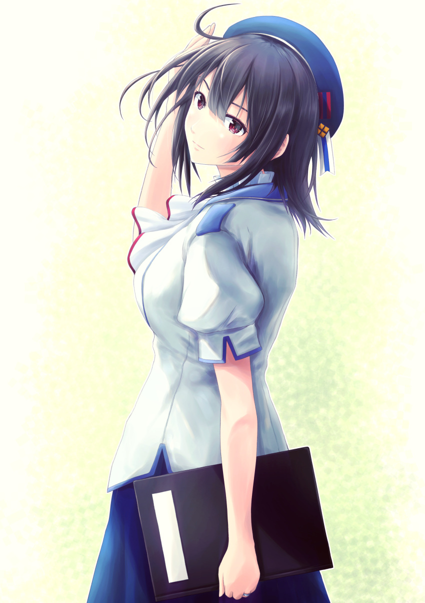 1girl absurdres beret black_hair blue_headwear blue_skirt breasts hat highres junk_life kantai_collection large_breasts neckerchief puffy_short_sleeves puffy_sleeves red_eyes shirt short_hair short_sleeves skirt solo takao_(kancolle) white_shirt