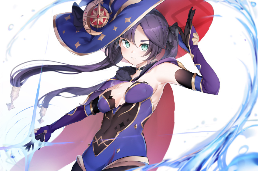 1girl absurdres aqua_eyes black_gloves black_hair cape closed_mouth commentary covered_navel cowboy_shot detached_sleeves elbow_gloves english_commentary genshin_impact gloves hat highres huge_filesize leotard long_hair looking_at_viewer mona_(genshin_impact) purple_cape purple_leotard red_cape smile solo somray twintails two-sided_cape two-sided_fabric upper_body white_background witch_hat