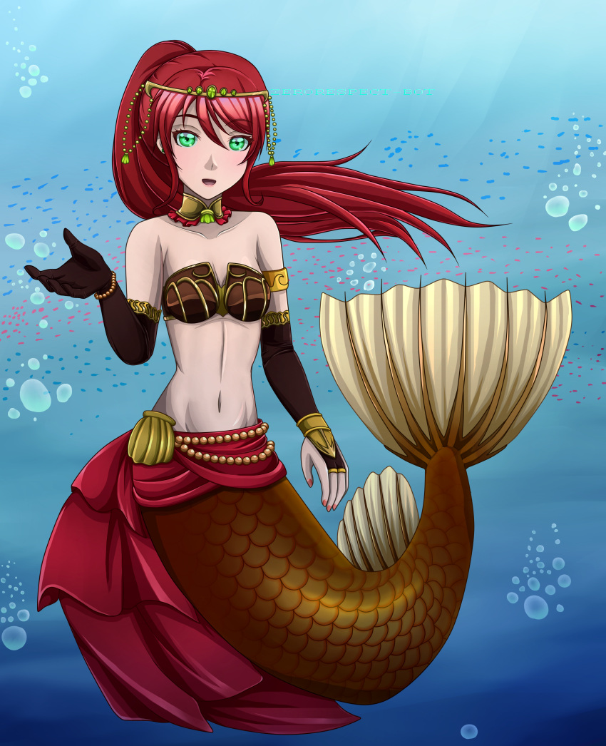 1girl :d air_bubble breasts collarbone eyebrows_visible_through_hair female green_hair looking_at_viewer mermaid navel open_mouth ponytail pyrrha_nikos redhead rwby seashell_bra solo underwater water zerorespect_bot