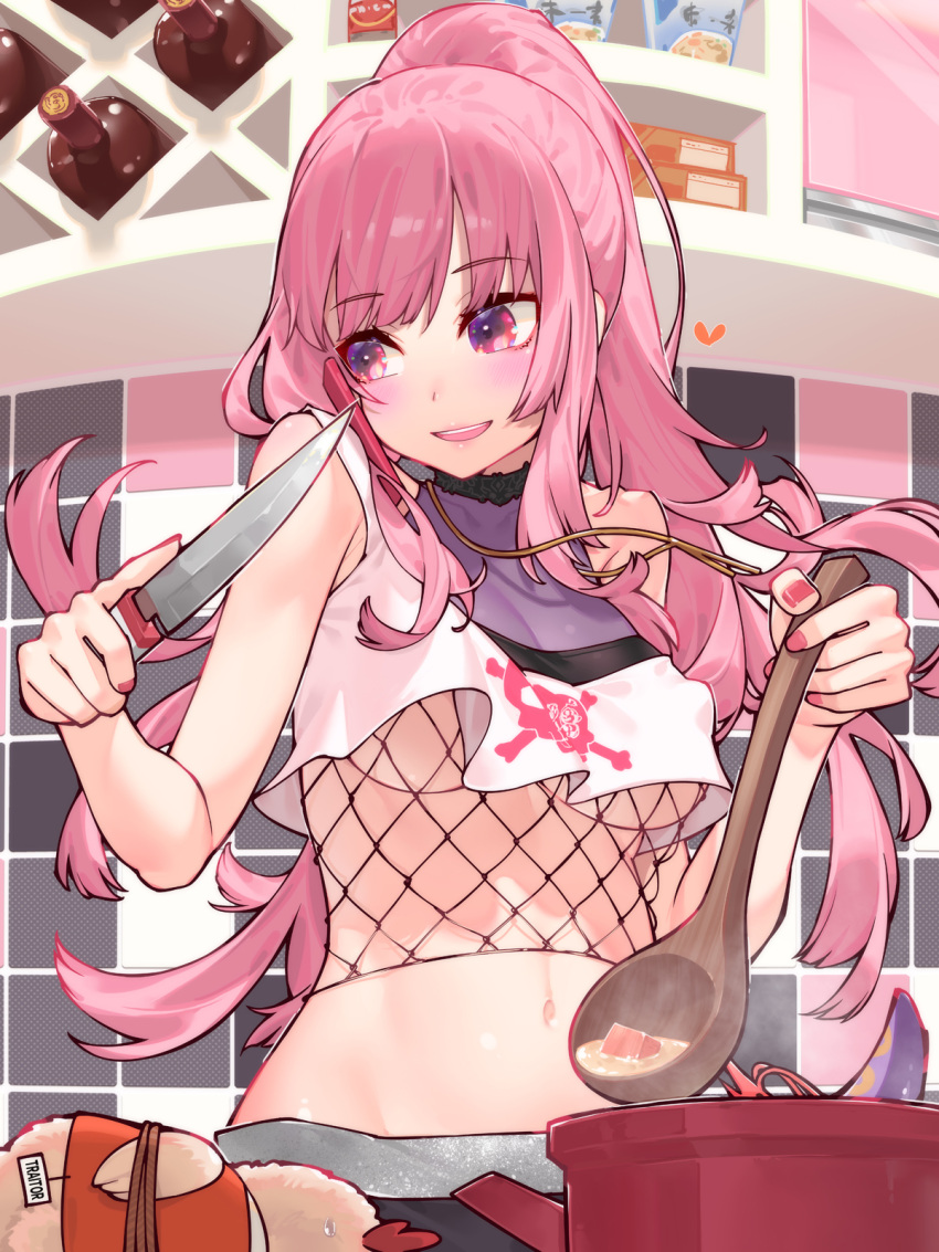 1girl bottle bound breasts cellphone choker commentary_request cooking crop_top eyebrows_visible_through_hair face_hold fishnets food highres holding holding_knife holding_ladle hololive hololive_english knife ladle large_breasts lips long_hair looking_to_the_side midriff mori_calliope navel no_hat no_headwear official_alternate_costume official_alternate_hairstyle open_mouth phone pink_eyes pink_hair pink_nails ponytail pot skull_print smartphone solo steam sweatdrop talking_on_phone tied_up under_boob upper_body virtual_youtuber waterring wine_bottle