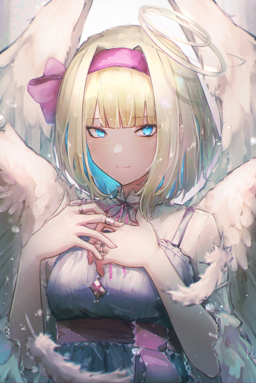1girl absurdres adapted_costume alice_margatroid angel_wings bangs blonde_hair blue_eyes blunt_bangs blurry blurry_foreground bow breasts closed_mouth commentary_request depth_of_field eyebrows_visible_through_hair falling_feathers feathered_wings fuunyon hair_bow hair_intakes hairband halo hands_on_own_chest hands_up highres jewelry light_blush light_smile medium_breasts moire necklace purple_bow purple_hairband purple_neckwear red_sash ring sash short_hair simple_background slit_pupils solo sparkle touhou upper_body white_background wings