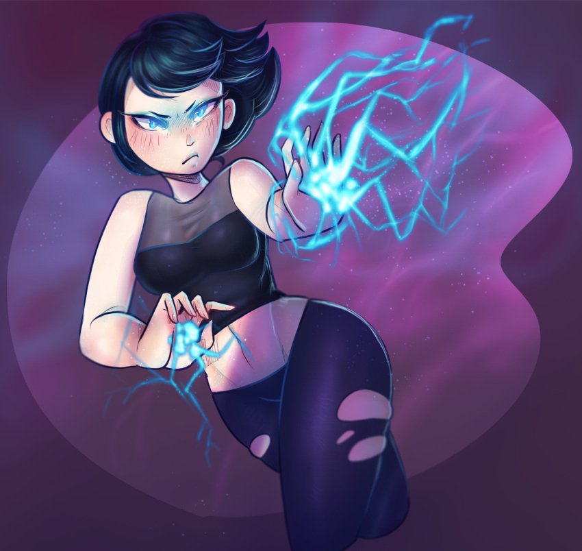 absurdres angry blue_eyes blush breasts dark_blue_hair dearcottoncandy energy glowing glowing_eyes highres ice infamous legs lucy_kuo medium_breasts midriff navel pants shirt short_hair skindentation sleeveless sleeveless_shirt thighs tight tight_pants torn_clothes