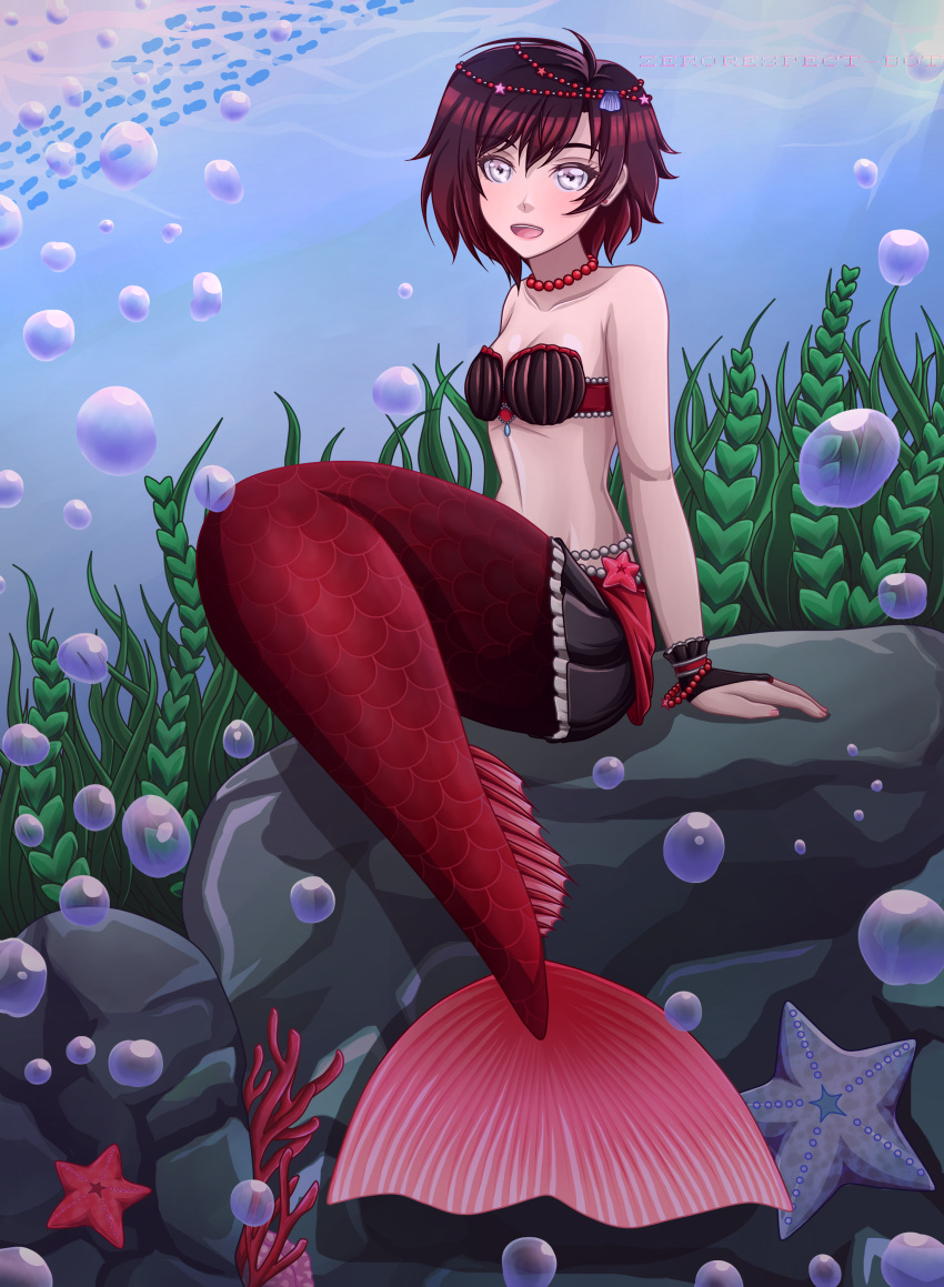 1girl :d ahoge air_bubble breasts collarbone eyebrows_visible_through_hair female grey_eyes hair_ornament looking_at_viewer mermaid necklace open_mouth ruby_rose rwby seashell_bra sitting sitting_on_rock underwater water zerorespect_bot