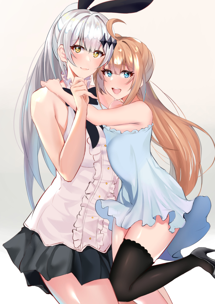 2girls ahoge animal_ears bangs bare_shoulders black_bow black_footwear black_legwear black_skirt blonde_hair blue_dress blue_eyes blush bow bowtie breasts closed_mouth dress fake_animal_ears fal_(girls_frontline) feet_out_of_frame five-seven_(girls_frontline) girls_frontline high_heels highres hug hug_from_behind lips long_hair looking_at_viewer multiple_girls open_mouth rabbit_ears shirt shoes silver_hair single_shoe skirt smile standing standing_on_one_leg thigh-highs white_background white_hair white_shirt yellow_eyes zengi