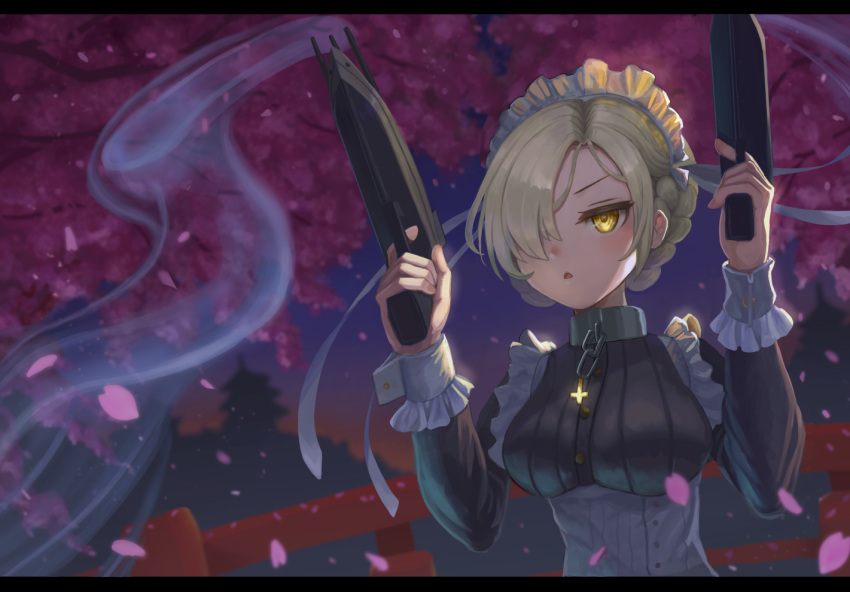 1girl apron azur_lane black_shirt blonde_hair braid breasts broken broken_chain chain collar dual_wielding frilled_apron frills gun hair_over_one_eye holding holding_gun holding_weapon maid_headdress medium_breasts metal_collar night outdoors petals sheffield_(azur_lane) shirt solo tunguu weapon white_apron wrist_cuffs yellow_eyes