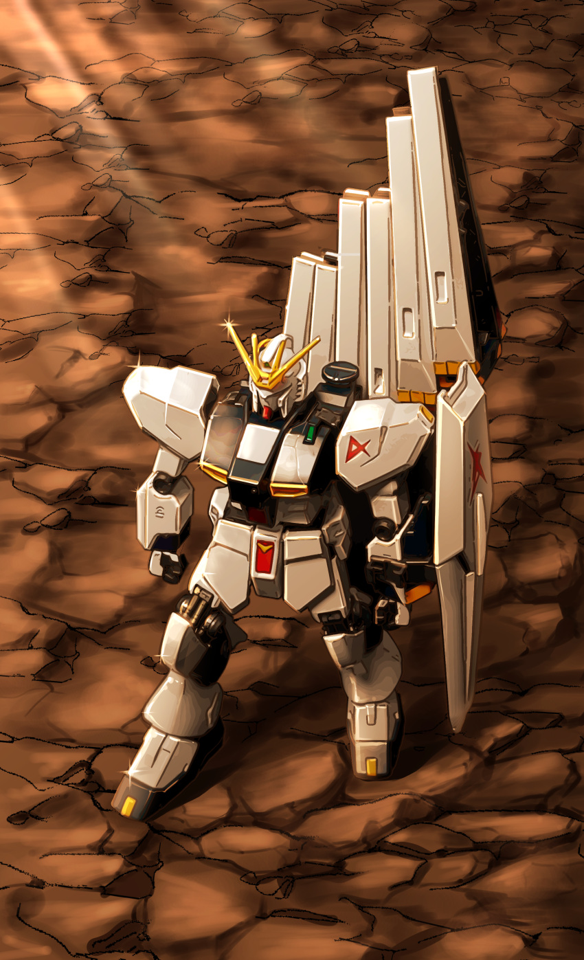 absurdres check_copyright clenched_hand commentary_request copyright_request derrick_gear_up full_body gundam highres korean_commentary mecha mobile_suit no_humans science_fiction sparkle standing v-fin v_gundam victory_gundam