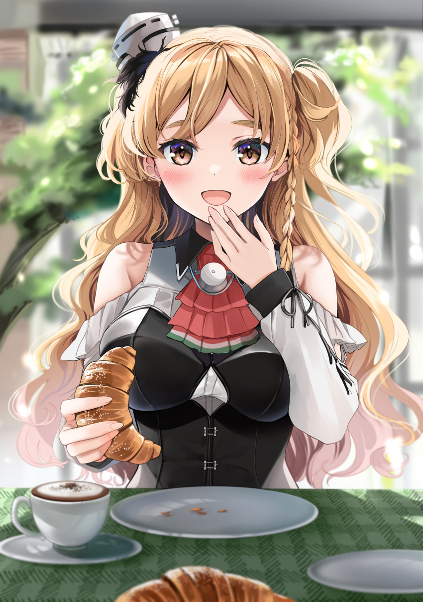 1girl absurdres bare_shoulders blonde_hair blush braid bread breasts brown_eyes cafe cleavage_cutout clothing_cutout coffee croissant eating food french_braid hat highres kantai_collection large_breasts long_hair mini_hat open_mouth plate shirt side_braid smile table tilted_headwear upper_body wavy_hair white_background white_shirt window yunamaro zara_(kancolle)