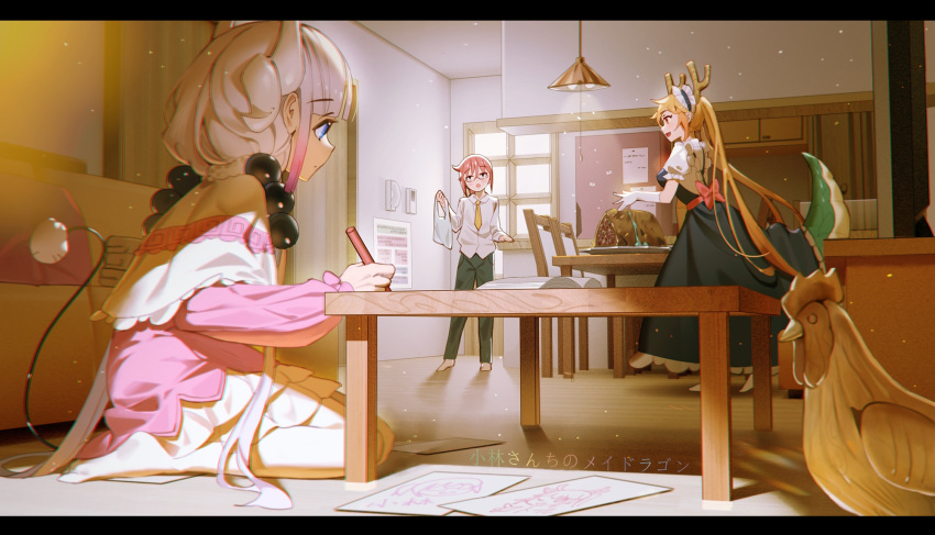 3girls blonde_hair blue_eyes bulletin_board chair collared_shirt dragon_girl dragon_horns dragon_tail drawing dress_shirt food glasses gloves highres horns indoors kanna_kamui kobayashi-san_chi_no_maidragon kobayashi_(maidragon) large_tail long_hair maid maid_headdress mio-muo1206 multiple_girls phone pink_shirt scales shirt sitting skirt standing table tail tohru_(maidragon) untucked_shirt white_gloves white_shirt white_skirt yellow_neckwear