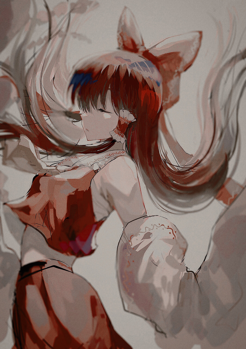 1girl absurdres bangs bare_shoulders bow brown_hair closed_eyes collar detached_sleeves eyebrows_visible_through_hair falling grey_background hair_between_eyes hair_tubes hakurei_reimu highres long_hair long_sleeves open_mouth red_bow red_skirt red_vest rin_(rin7kan7) simple_background skirt solo touhou vest white_collar white_neckwear white_sleeves