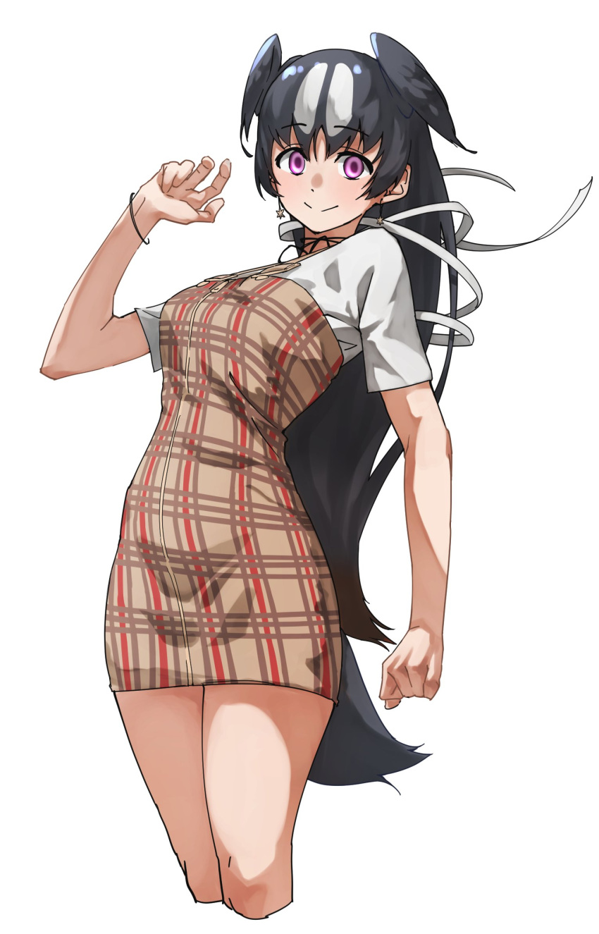 alternate_costume black_hair black_neckwear bracelet brown_dress casual commentary_request cowboy_shot dress great_auk_(kemono_friends) hair_tie highres jewelry kemono_friends long_hair multicolored_hair pencil_dress pleated_dress shirt short_sleeves t-shirt tanabe_(fueisei) two-tone_hair violet_eyes white_background white_hair white_shirt