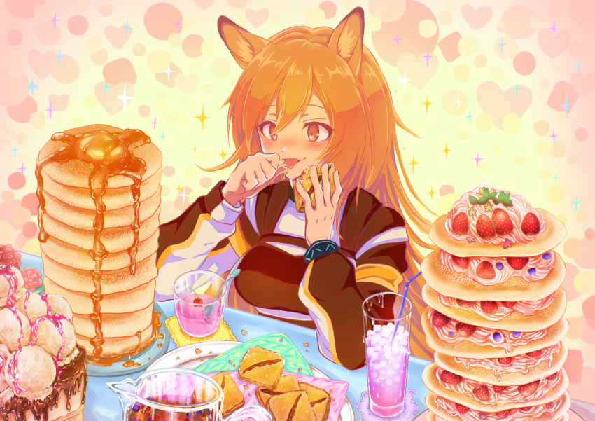 1girl 3_(sanyako1) absurdres animal_ears arknights baggy_clothes baklava brown_eyes brown_hair ceobe_(arknights) commentary_request cup dessert dog_ears dog_girl drink drinking_glass drinking_straw food fruit gelatin highres huge_filesize ice_cream infection_monitor_(arknights) jacket licking licking_finger long_hair long_sleeves multicolored multicolored_clothes multicolored_jacket orange_jacket pancake sitting solo spoon strawberry tongue tongue_out