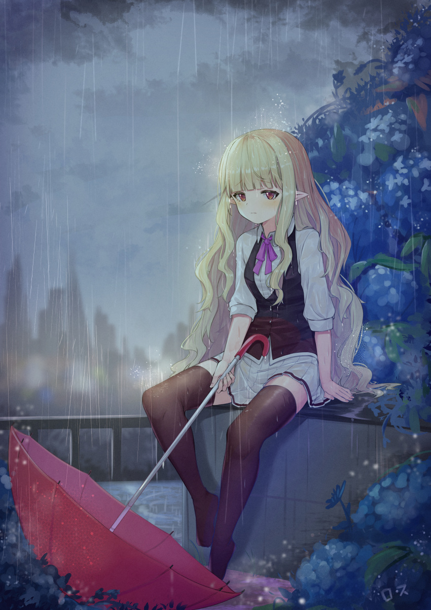 1girl absurdres bangs black_vest blonde_hair blue_flower blunt_bangs bow bowtie breasts brown_legwear closed_mouth collared_shirt eyebrows_visible_through_hair flower full_body grey_sky highres holding holding_umbrella huge_filesize hydrangea kouki_(chancegak) long_hair long_sleeves looking_at_viewer miniskirt no_shoes original outdoors overcast pointy_ears purple_bow purple_neckwear rain red_eyes shirt sitting skirt solo thigh-highs umbrella very_long_hair vest wet white_shirt white_skirt