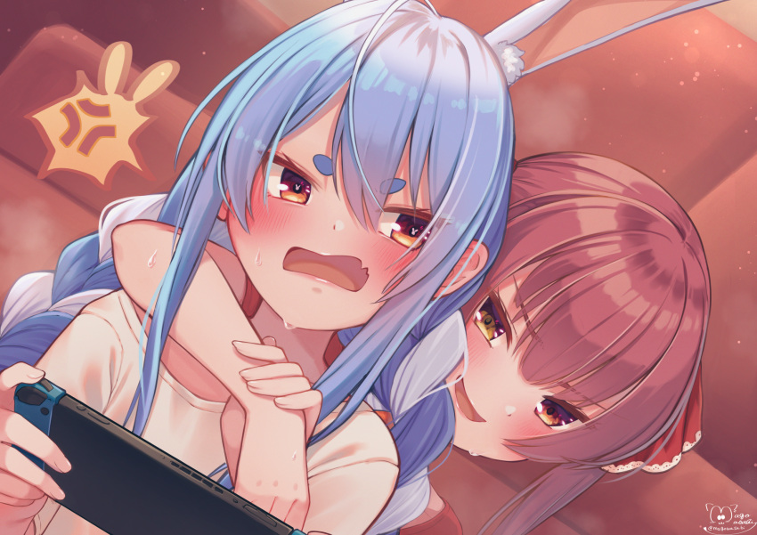 2girls anger_vein animal_ear_fluff animal_ears annoyed bangs blue_hair blush bunny-shaped_pupils commentary_request dutch_angle eyebrows_visible_through_hair hair_between_eyes hair_ribbon handheld_game_console hands_up heterochromia highres holding holding_another's_arm holding_handheld_game_console hololive houshou_marine long_hair looking_at_another magowasabi multicolored_hair multiple_girls nintendo_switch open_mouth rabbit_ears red_eyes red_ribbon redhead ribbon shirt short_eyebrows short_sleeves signature smile spoken_anger_vein sweat thick_eyebrows twintails twitter_username two-tone_hair upper_body usada_pekora virtual_youtuber white_hair white_shirt yellow_eyes yuri
