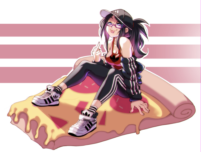 1girl :p absurdres adidas baseball_cap glasses hat highres indie_virtual_youtuber jacket kson middle_finger nisego on_food pants pizza_slice ponytail semi-rimless_eyewear solo tank_top tongue tongue_out track_jacket track_pants under-rim_eyewear