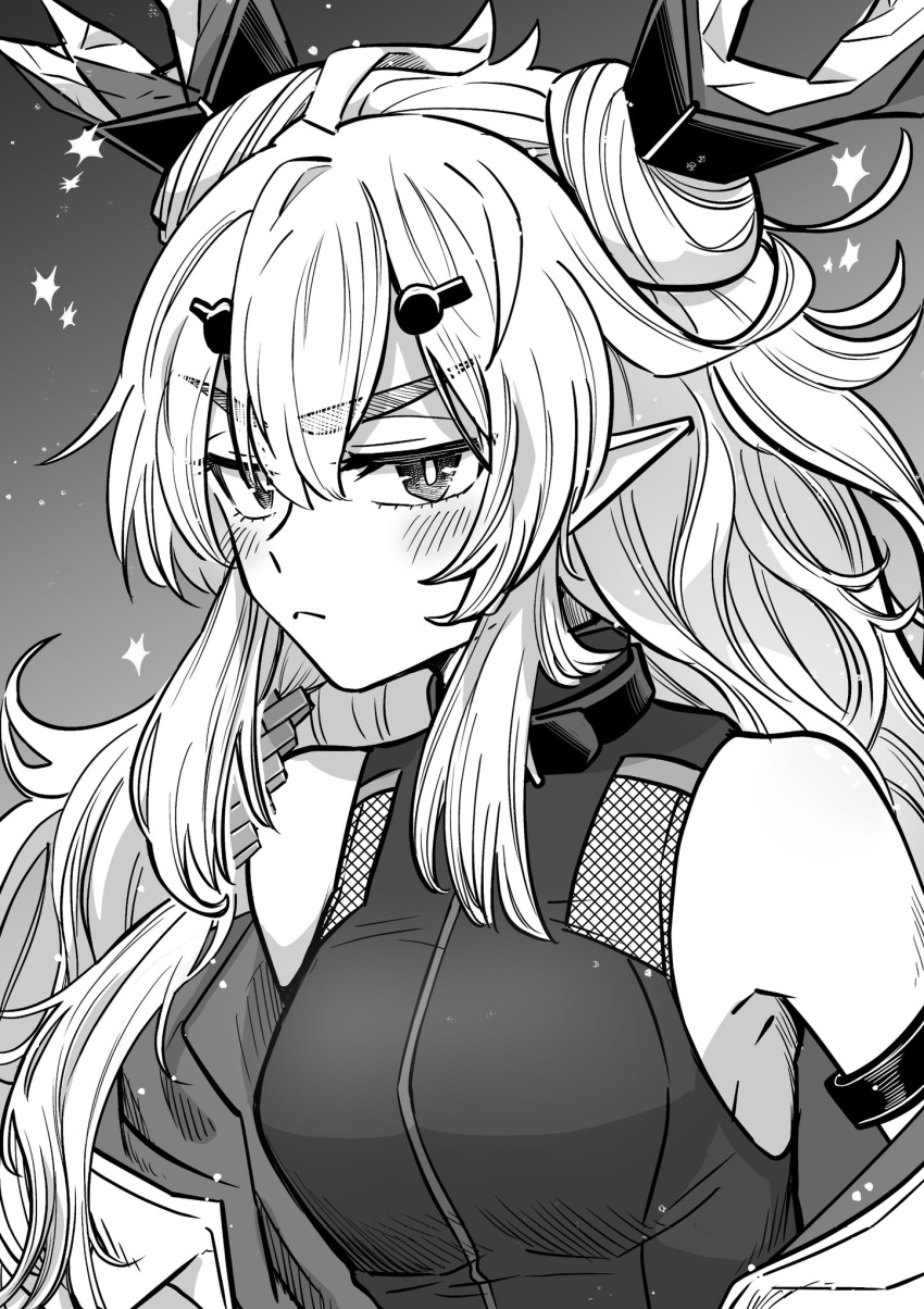 1girl arknights blush bokiboki333 greyscale hair_ornament hairclip highres horns leizi_(arknights) long_hair monochrome pointy_ears sleeveless sparks thick_eyebrows