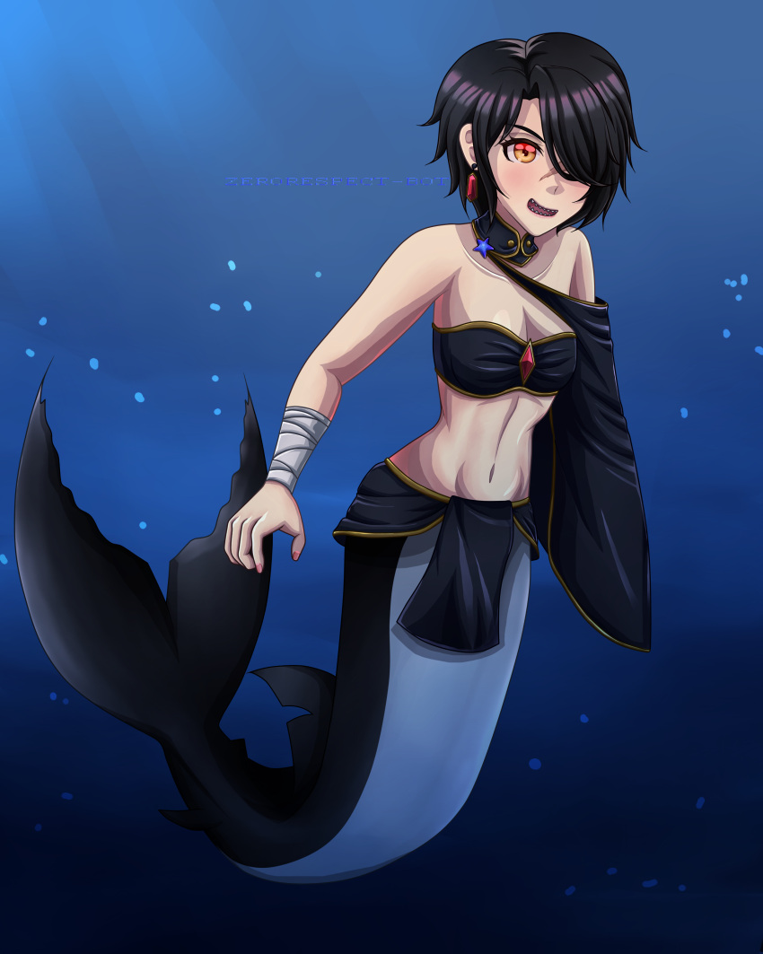 1girl bandaged_arm black_hair breasts cinder_fall earrings fang mermaid navel one_eye_covered open_mouth rwby scar sharp_teeth short_hair smile underwater zerorespect_bot