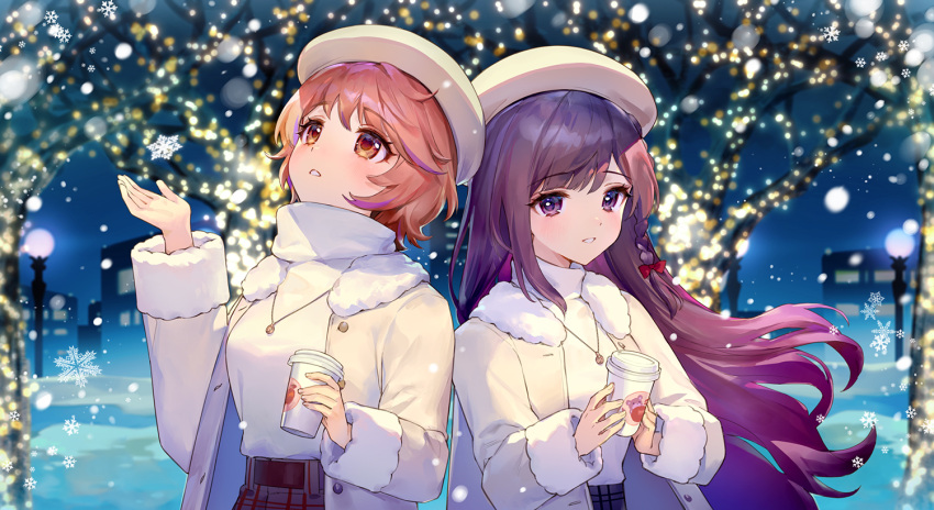 2girls ainy bare_tree beret braid breasts brown_eyes brown_hair christmas_lights coat commentary_request copyright_request cup disposable_cup fur-trimmed_coat fur-trimmed_sleeves fur_trim gradient_hair grey_skirt hand_up hat holding holding_cup lamppost long_sleeves looking_at_viewer looking_away looking_up medium_breasts multicolored_hair multiple_girls night open_clothes open_coat outdoors parted_lips purple_hair shirt single_braid skirt smile snowflakes snowing tree violet_eyes virtual_youtuber white_coat white_headwear white_shirt