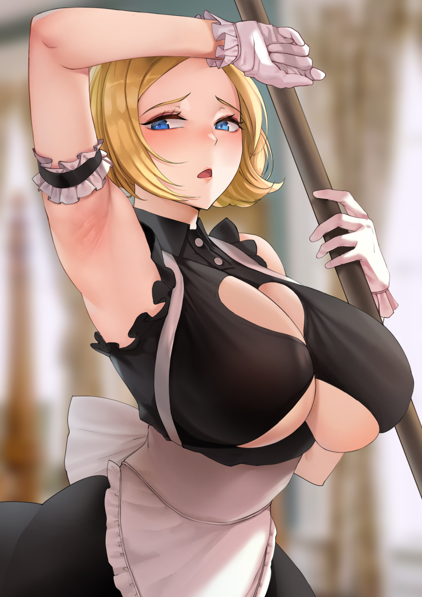1girl absurdres apron armpits black_dress blonde_hair blue_eyes blush breasts cleavage_cutout clothing_cutout dress frilled_armband frills gloves highres large_breasts looking_to_the_side maid multiple_girls mute_(mute89539160) or original short_hair sleeveless sleeveless_dress underboob_cutout waist_apron white_gloves