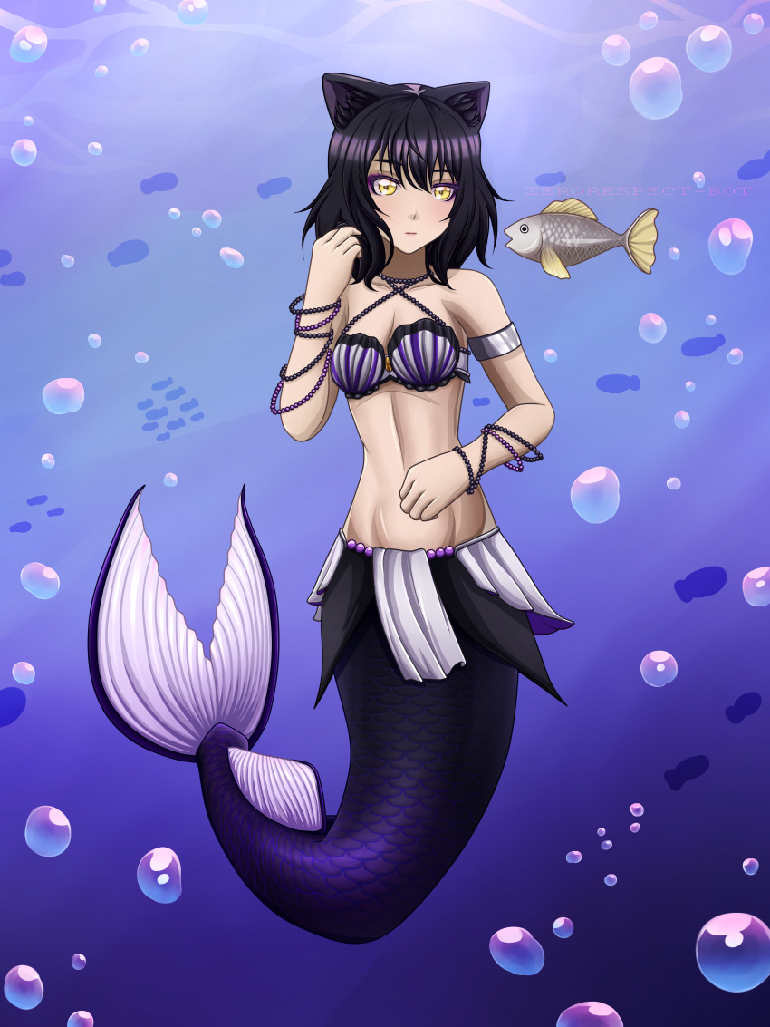 1girl air_bubble black_hair blake_belladonna breasts cat_ears eyebrows_visible_through_hair female looking_at_viewer mermaid rwby seashell_bra short_hair sitting_on_rock solo underwater water yellow_eyes zerorespect_bot