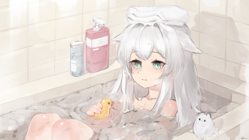 1girl animal_ears arknights bathing bathroom bathtub cat_ears commentary highres korean_commentary libiadan long_hair partially_submerged rosmontis_(arknights) rubber_duck shadow signature soap_bottle solo submerged tiles towel towel_on_head wet white_hair
