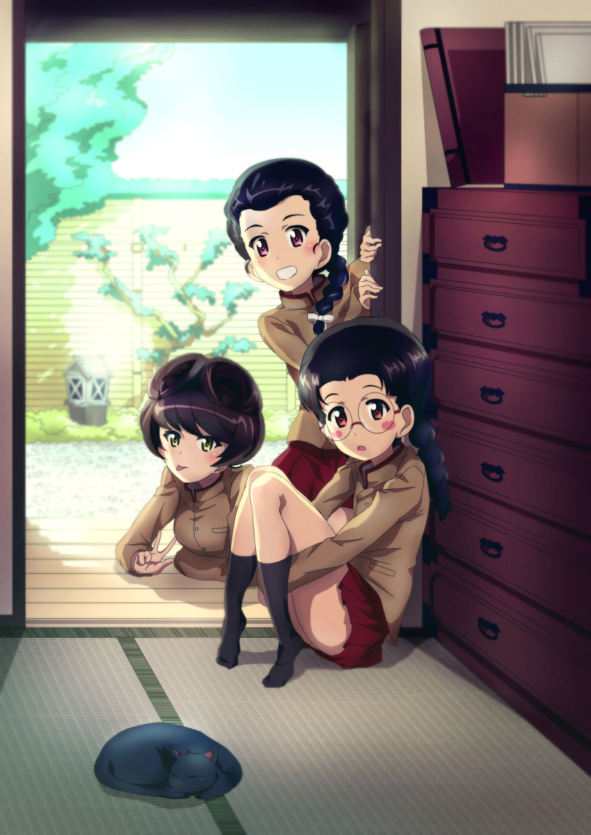 3girls 9s0ykoyama117 :p absurdres bangs black_hair black_legwear blurry blurry_background blush_stickers bonsai braid braided_ponytail brown_eyes brown_hair cat chi-hatan_school_uniform day depth_of_field drawer fukuda_haru girls_und_panzer glasses green_eyes grin hair_over_shoulder hair_pulled_back hair_ribbon hair_rings high_collar highres hosomi_shizuko huge_filesize hugging_own_legs indoors jacket kneeling long_hair long_sleeves looking_at_viewer lying miniskirt multiple_girls no_shoes on_stomach open_mouth pleated_skirt red_skirt ribbon rimless_eyewear round_eyewear school_uniform short_hair single_braid sitting skirt smile socks stone_lantern tamada_tamaki tatami tongue tongue_out twin_braids twintails v violet_eyes white_ribbon wooden_floor