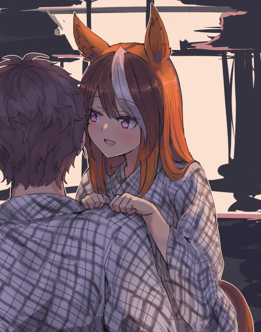 1boy 1girl :d animal_ears bangs blush brown_hair checkered checkered_kimono commentary_request eyebrows_visible_through_hair from_behind hands_on_another's_shoulder highres horse_ears horse_girl horse_tail japanese_clothes kimono kusanagi_kaoru long_hair long_sleeves looking_at_another multicolored_hair open_mouth raised_eyebrows short_hair smile streaked_hair symboli_rudolf_(umamusume) tail umamusume upper_body violet_eyes white_hair wide_sleeves yukata