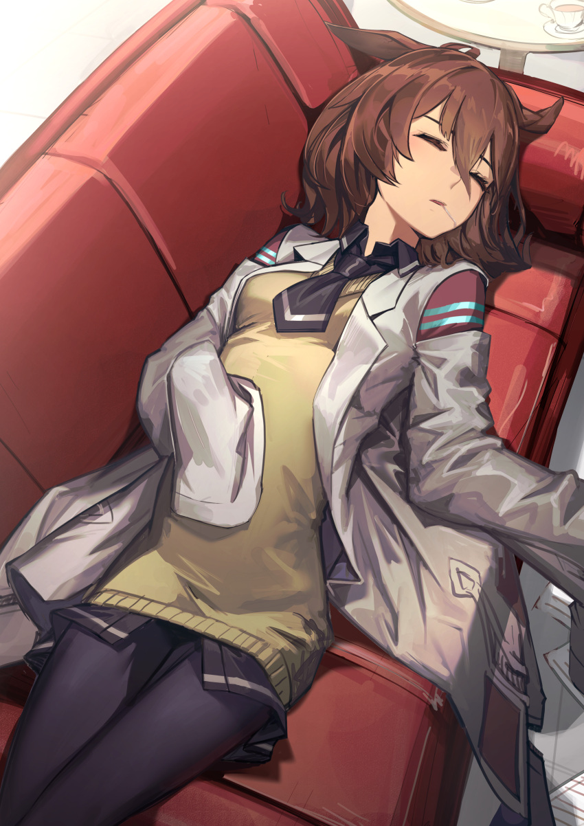 1girl absurdres agnes_tachyon_(umamusume) ahoge animal_ears bangs black_legwear black_neckwear black_shirt breasts brown_hair closed_eyes collared_shirt commentary_request couch cup drooling fixro2n hair_between_eyes highres horse_ears labcoat long_sleeves lying on_back on_couch open_clothes pantyhose parted_lips saliva shirt sleeves_past_fingers sleeves_past_wrists small_breasts solo sweater_vest table teacup umamusume
