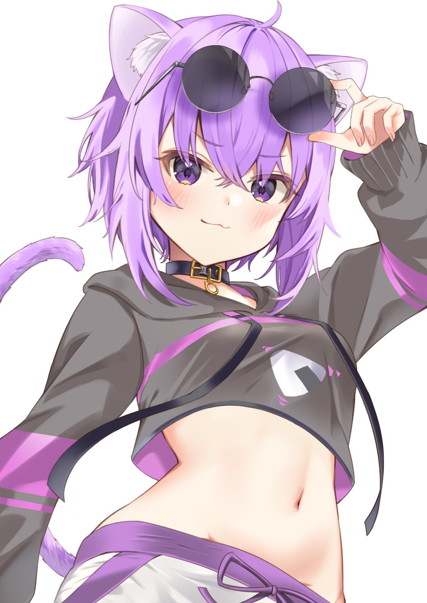 1girl :3 ahoge animal_ears cat_ears cat_tail cropped_hoodie eyewear_on_head highres hololive hood hoodie midriff navel nekomata_okayu purple_hair shiro_hebi_rei sunglasses tail violet_eyes virtual_youtuber