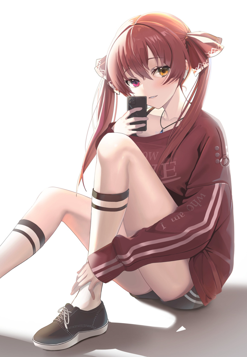 1girl absurdres aiming_at_viewer bangs black_shorts casual cellphone earphones earphones eyebrows_visible_through_hair hair_ribbon hallo_(rltkdydrltk) heterochromia highres holding holding_phone hololive houshou_marine jewelry kneehighs long_hair looking_at_viewer on_floor parted_lips pendant phone red_eyes red_ribbon redhead ribbon shadow shoes shorts simple_background sitting smartphone smile sneakers solo sweater twintails virtual_youtuber white_background yellow_eyes