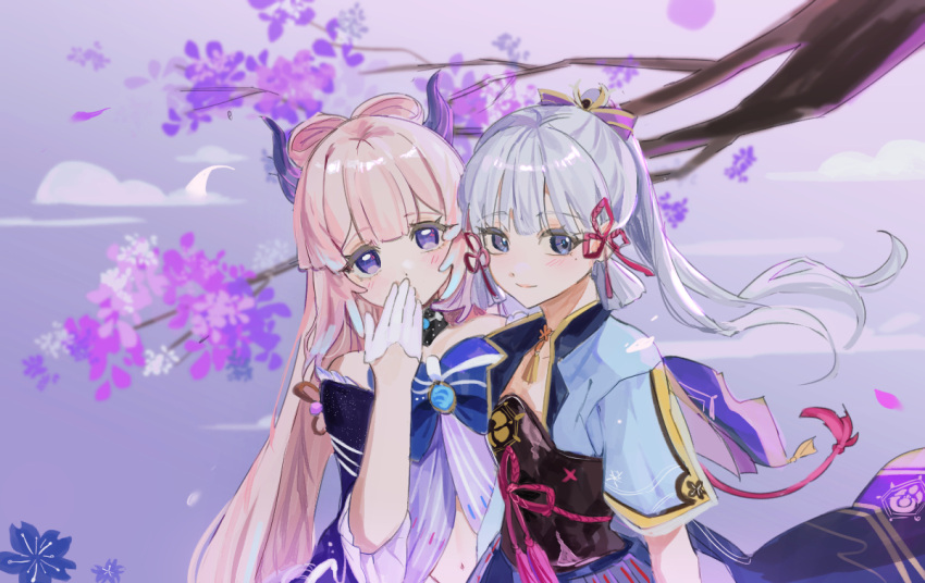 2girls ayaka_(genshin_impact) blush covered_mouth eyebrows_visible_through_hair flower genshin_impact geunjaepia gloves hair_ribbon kokomi_(genshin_impact) light_blue_hair long_hair looking_at_viewer mole multiple_girls pink_hair ponytail ribbon tailcoat tied_hair tree