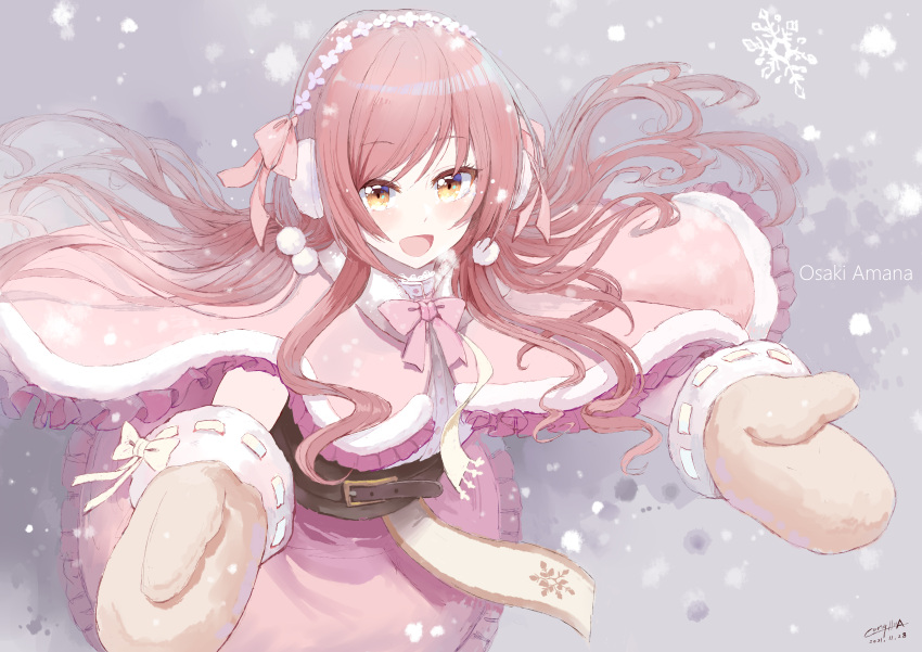 1girl :d absurdres bangs belt bow bowtie brown_belt brown_hair brown_mittens capelet character_name conghua_jiang earmuffs frilled_capelet frilled_skirt frills fur-trimmed_capelet fur-trimmed_mittens fur_trim grey_background hair_ornament hair_ribbon highres idolmaster idolmaster_shiny_colors long_hair looking_at_viewer low_twintails mittens oosaki_amana open_mouth osaki_amana outdoors outstretched_arms pink_bow pink_bowtie pink_capelet pink_ribbon pink_skirt pom_pom_(clothes) pom_pom_hair_ornament ribbon ribbon_trim shirt signature skirt smile snowflake_print snowflakes snowing solo swept_bangs twintails upper_body white_shirt yellow_bow yellow_eyes