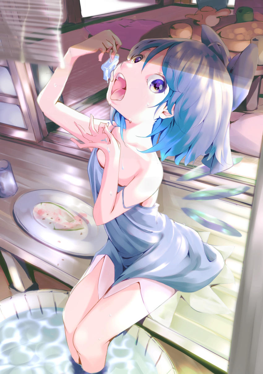 1girl absurdres arm_up bangs bare_shoulders basin blue_bow blue_dress blue_eyes blue_hair bow cirno collarbone commentary_request dress eating eyebrows_visible_through_hair feet_out_of_frame flat_chest food hair_between_eyes hair_bow hand_up highres holding holding_food huge_filesize ice ice_wings jako_nasuki looking_at_viewer open_mouth popsicle sitting soaking_feet solo spaghetti_strap strap_slip sweat tongue touhou wings