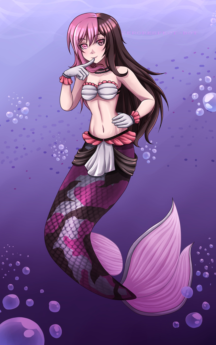 1girl air_bubble brown_hair camouflage finger_to_mouth gloves hand_on_hip long_hair looking_at_viewer mermaid navel necklace neo_(rwby) neo_politan pink_hair rwby underwater white_gloves zerorespect_bot