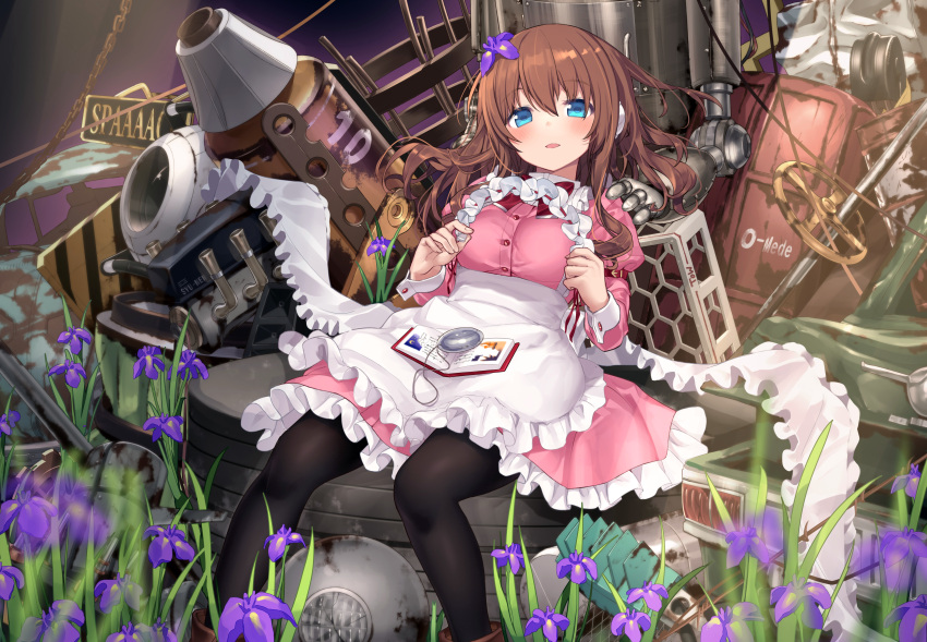 1girl absurdres apron bangs black_legwear blue_eyes blush book boots brown_footwear brown_hair commentary_request dress engine eyebrows_visible_through_hair feet_out_of_frame flower frilled_apron frilled_dress frills hair_between_eyes hair_flower hair_ornament highres hiraga_matsuri juliet_sleeves long_hair long_sleeves looking_at_viewer open_book original pantyhose parted_lips pink_dress puffy_sleeves purple_flower robot rust sign solo white_apron