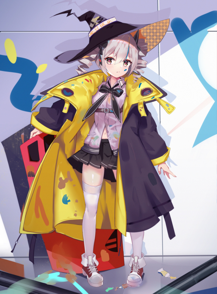 1girl :i absurdres bangs black_coat black_headwear black_skirt bow bowtie bronya_zaychik closed_mouth coat dirty dirty_clothes dirty_face drill_hair full_body graffiti grey_eyes grey_hair hair_between_eyes hat highres holding honkai_(series) honkai_impact_3rd long_sleeves looking_at_viewer messy navel paint paint_splatter red_footwear shadow shirt shoes skirt sneakers solo standing thigh-highs twin_drills white_legwear white_shirt witch_hat zettai_ryouiki zhongwu_chahui