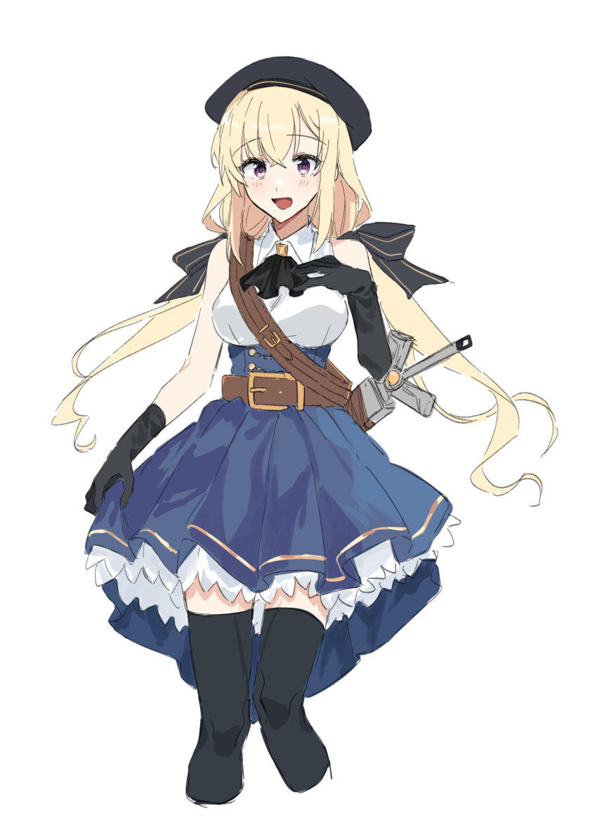1girl :d ascot assault_lily bangs bare_shoulders belt belt_buckle beret black_ascot black_gloves black_headwear black_legwear black_ribbon blonde_hair blue_skirt blush breasts brown_belt buckle buttons collared_shirt commentary_request cropped_legs crossed_bangs danji_(danji_bang) eyebrows_visible_through_hair feet_out_of_frame gloves hair_between_eyes hair_ribbon hand_on_own_chest hand_up hat high-waist_skirt highres korean_commentary looking_at_viewer low_twintails medium_breasts miniskirt open_mouth pleated_skirt ribbon sheath sheathed shirt sidelocks simple_background sketch skirt skirt_hold sleeveless sleeveless_shirt smile solo standing sword takehisa_nakaba thigh-highs twintails violet_eyes weapon white_background white_shirt zettai_ryouiki