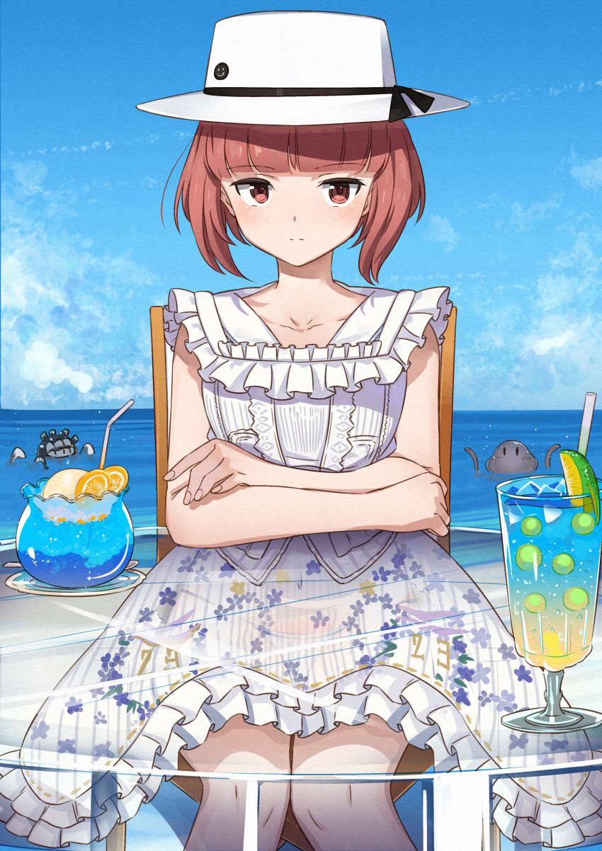 1girl absurdres alternate_costume bangs beach blunt_bangs blush brown_eyes brown_hair chair closed_mouth clouds condensation_trail crossed_arms cup day dress drinking_straw enemy_naval_mine_(kancolle) eyebrows_visible_through_hair floral_print frilled_dress frills hat highres kanmiya_shinobu kantai_collection looking_at_viewer mars_people metal_slug ocean outdoors short_hair sitting sky table tentacles tropical_drink white_dress white_headwear