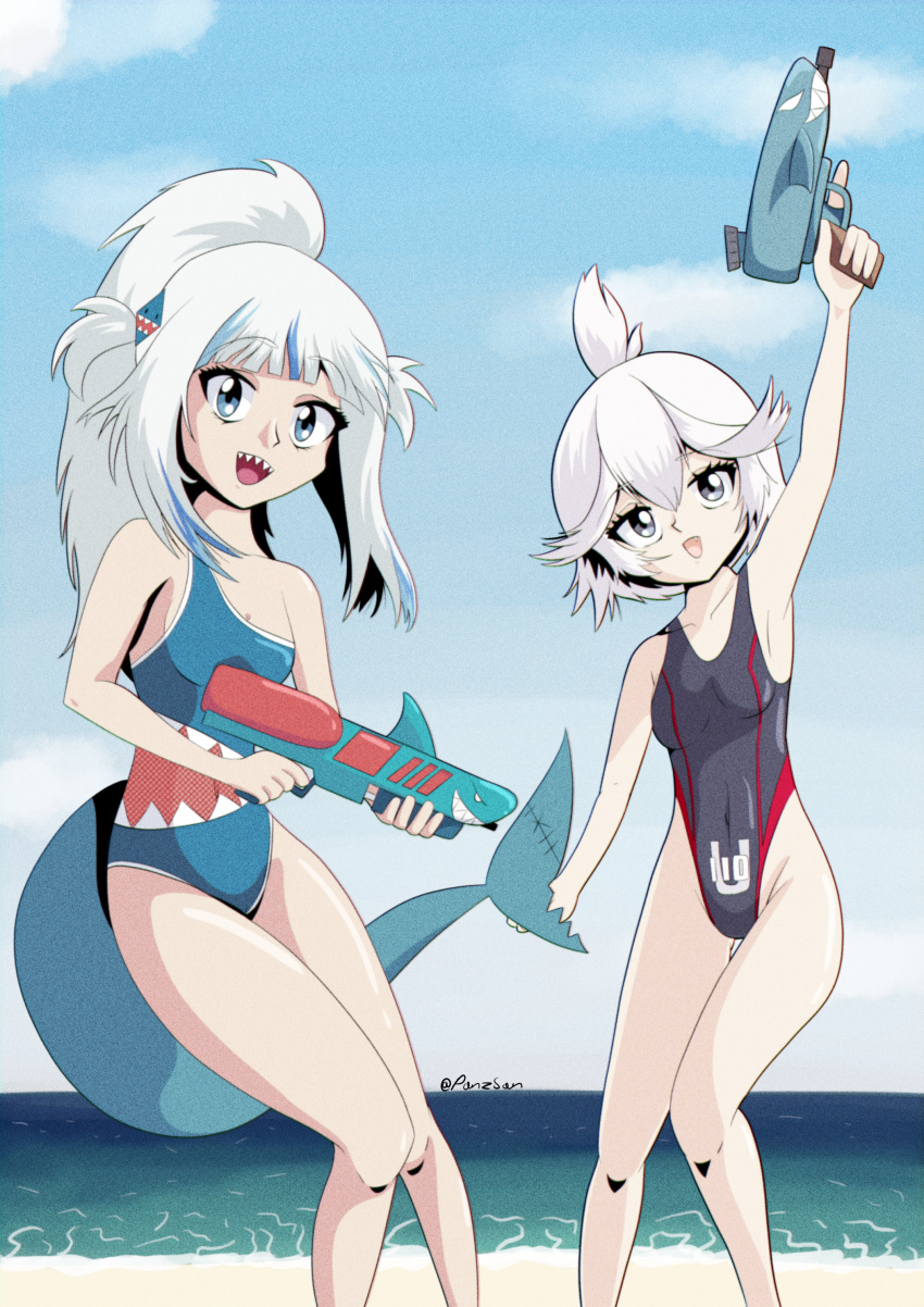 2girls absurdres alternate_hairstyle azur_lane blue_hair covered_navel crossover fish_tail gawr_gura grey_eyes highres hololive hololive_english huge_filesize multicolored_hair multiple_girls ocean one-piece_swimsuit open_mouth panzsan ponytail shark_girl shark_tail sharp_teeth smile streaked_hair super_soaker swimsuit tail teeth twitter_username two-tone_hair two_side_up u-110_(azur_lane) water_gun white_hair