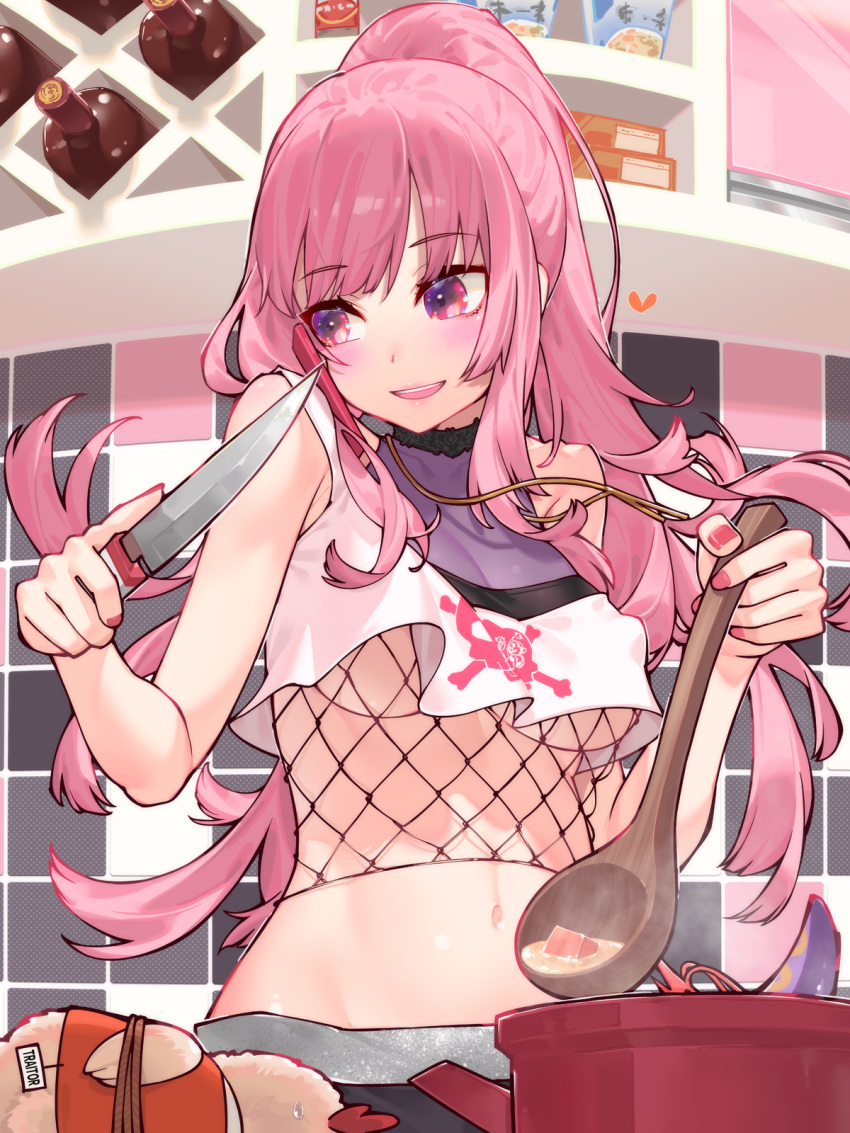 1girl bottle bound breasts cellphone choker commentary_request cooking crop_top eyebrows_visible_through_hair face_hold fishnets food highres holding holding_knife holding_ladle hololive hololive_english knife ladle large_breasts lips long_hair looking_to_the_side midriff mori_calliope navel no_hat no_headwear official_alternate_costume official_alternate_hairstyle open_mouth phone pink_eyes pink_hair pink_nails ponytail pot revision skull_print smartphone solo steam sweatdrop talking_on_phone tied_up under_boob upper_body virtual_youtuber waterring wine_bottle