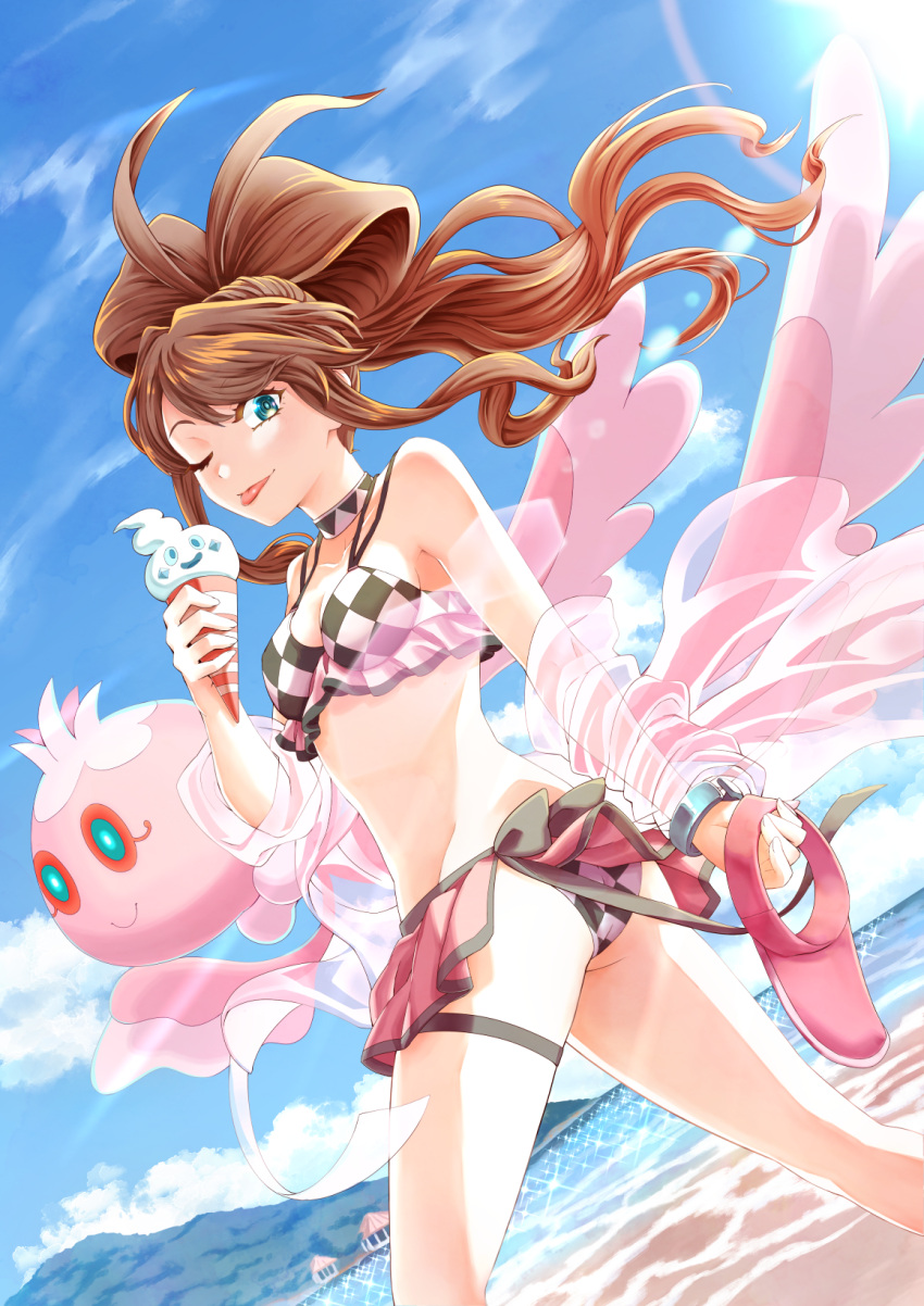 1girl alternate_costume antenna_hair bangs bikini bracelet breasts brown_hair casteliacone checkered checkered_bikini choker clouds commentary_request day eyelashes floating_hair food frillish frillish_(female) gen_5_pokemon green_eyes highres hilda_(pokemon) holding ice_cream ice_cream_cone jewelry long_hair looking_at_viewer one_eye_closed outdoors pokemon pokemon_(creature) pokemon_(game) pokemon_bw ryuusei_(trickster) sand shore sidelocks sky smile sparkle swimsuit tongue tongue_out water