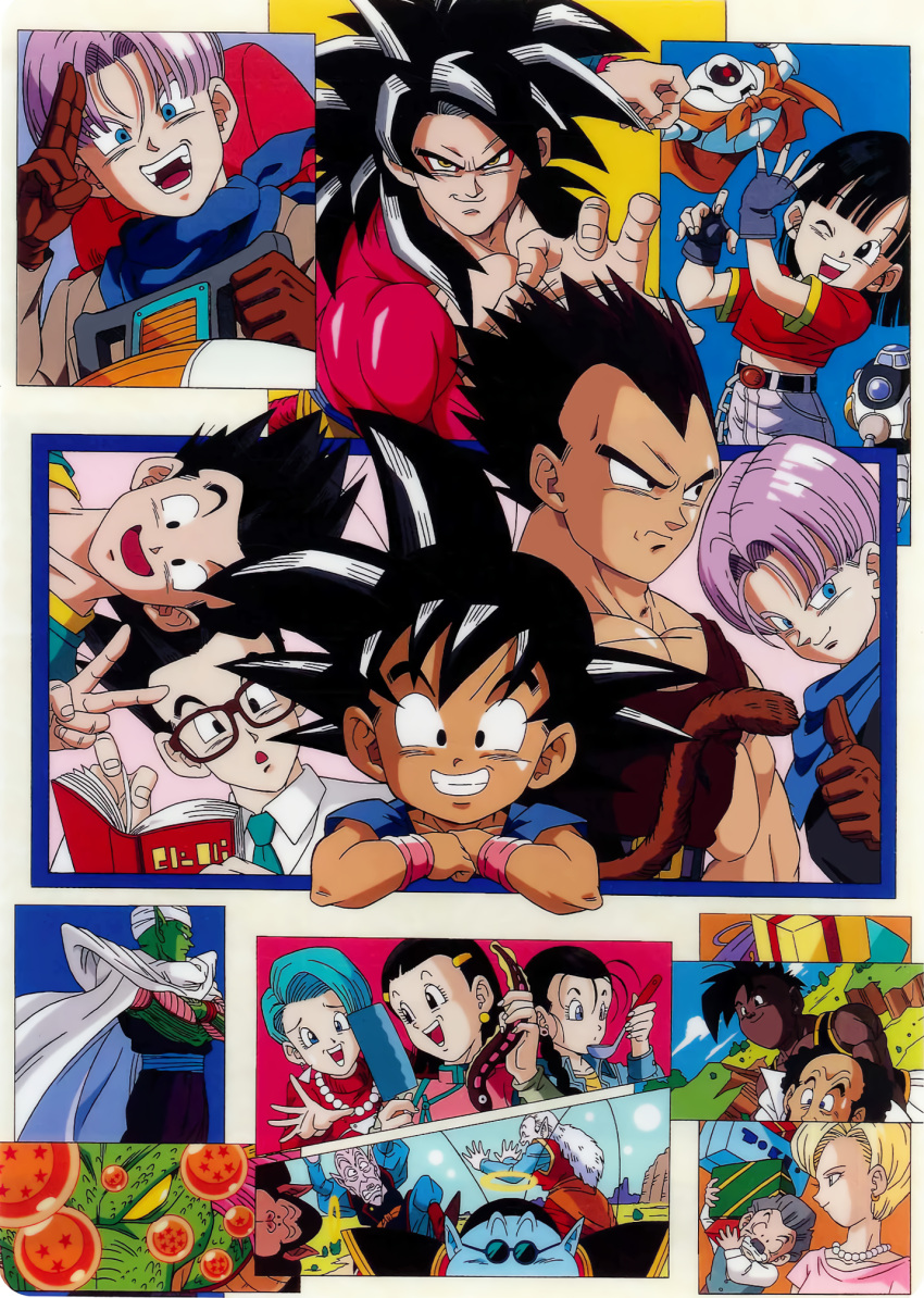 1990s_(style) animal antennae aqua_hair balding bead_necklace beads black_eyes black_hair blonde_hair blue_eyes blue_skin book box braid braided_ponytail brown_gloves brown_shirt bubbles_(dragon_ball) bulma butcher_knife cape carrying_over_shoulder chestnut_mouth chi-chi_(dragon_ball) child colored_skin dark-skinned_male dark_skin dragon_ball dragon_ball_(object) dragon_ball_gt earrings eel father_and_daughter father_and_son fingerless_gloves gift gift_box giru_(dragon_ball) gloves grey_hair grin halo highres holding holding_animal holding_book holding_knife holding_ladle husband_and_wife jewelry kibitoshin knife kuririn ladle long_hair looking_at_viewer midriff monkey_boy monkey_tail mr._satan muscular muscular_male namekian necklace necktie north_kaiou official_art old old_man open_mouth pan_(dragon_ball) panels piccolo pink_skin pointy_ears purple_hair purple_skin red_fur retro_artstyle robot rou_kaioushin round_eyewear saiyan shenlong_(dragon_ball) shirt short_hair sleeveless sleeveless_shirt smile son_gohan son_goku son_goten sunglasses super_saiyan super_saiyan_4 tail thumbs_up trunks_(dragon_ball) turban uub v vegeta videl widow's_peak wince wristband yellow_eyes