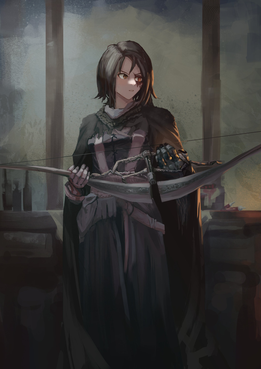 1girl absurdres bangs black_cape black_dress bloodborne bottle bow_(weapon) brown_hair burn_scar cape cloak commentary dress english_commentary gauntlets heterochromia highres holding holding_bow_(weapon) holding_weapon hunter_(bloodborne) looking_to_the_side medium_hair naka_the_spooky open_mouth orange_eyes parted_bangs scar solo symbol_commentary weapon
