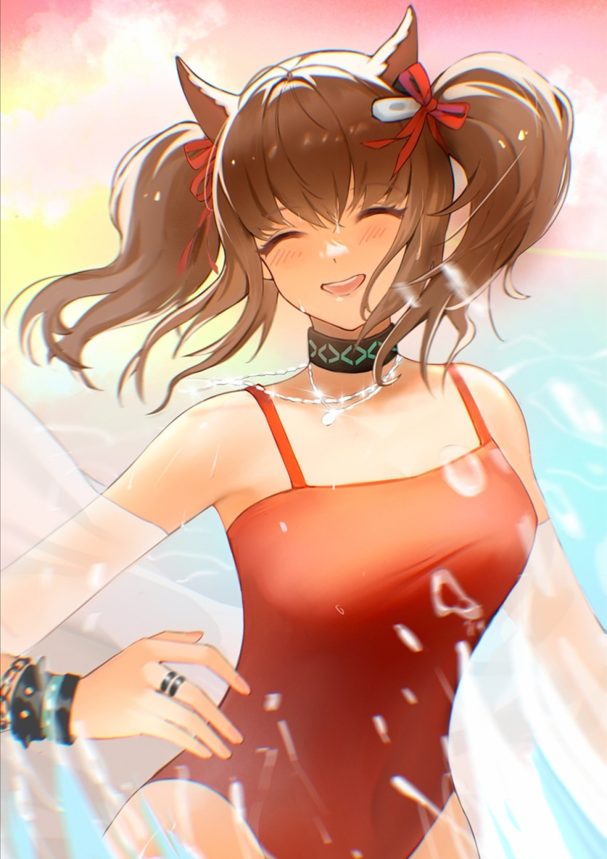 1girl angelina_(arknights) angelina_(summer_flowers)_(arknights) animal_ears arknights bangs bare_shoulders bow bracelet brown_hair closed_eyes eyebrows_visible_through_hair fox_ears highres infection_monitor_(arknights) jewelry red_bow red_swimsuit ring short_hair silver_neckwear smile solo splashing swimsuit twintails ufoliving