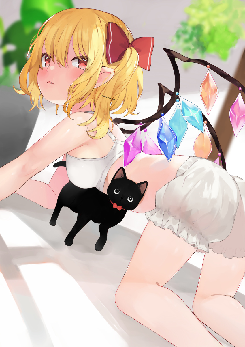 1girl absurdres all_fours artist_name ass bangs bare_shoulders black_cat blonde_hair bloomers blurry blurry_background blush bow bowtie bra breasts cat commentary_request crystal dutch_angle eyebrows_visible_through_hair feet_out_of_frame fisheye flandre_scarlet hair_between_eyes hair_bow highres looking_at_viewer looking_back niseneko_(mofumofu_ga_ienai) no_hat no_headwear one_side_up parted_lips plant potted_plant red_bow red_eyes red_neckwear short_hair small_breasts solo touhou tree underwear underwear_only wings