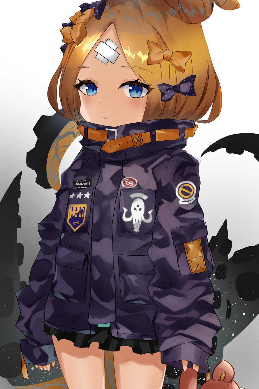 1girl abigail_williams_(fate) absurdres bandaid bandaid_on_forehead bangs black_bow black_jacket blonde_hair blue_eyes bow breasts crossed_bandaids fate/grand_order fate_(series) forehead fuuro hair_bow hair_bun heroic_spirit_traveling_outfit high_collar highres huge_filesize jacket long_hair long_sleeves multiple_bows orange_belt orange_bow parted_bangs polka_dot polka_dot_bow sleeves_past_fingers sleeves_past_wrists small_breasts stuffed_animal stuffed_toy teddy_bear tentacles