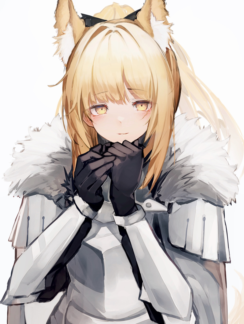 1girl absurdres animal_ear_fluff animal_ears arknights armor bangs black_gloves blemishine_(arknights) blonde_hair blush commentary_request extra_ears eyebrows_visible_through_hair fur-trimmed_armor gloves highres horse_ears horse_girl horse_tail knight light_smile long_hair looking_at_viewer plate_armor ponytail revision simple_background solo tab_head tail white_background yellow_eyes