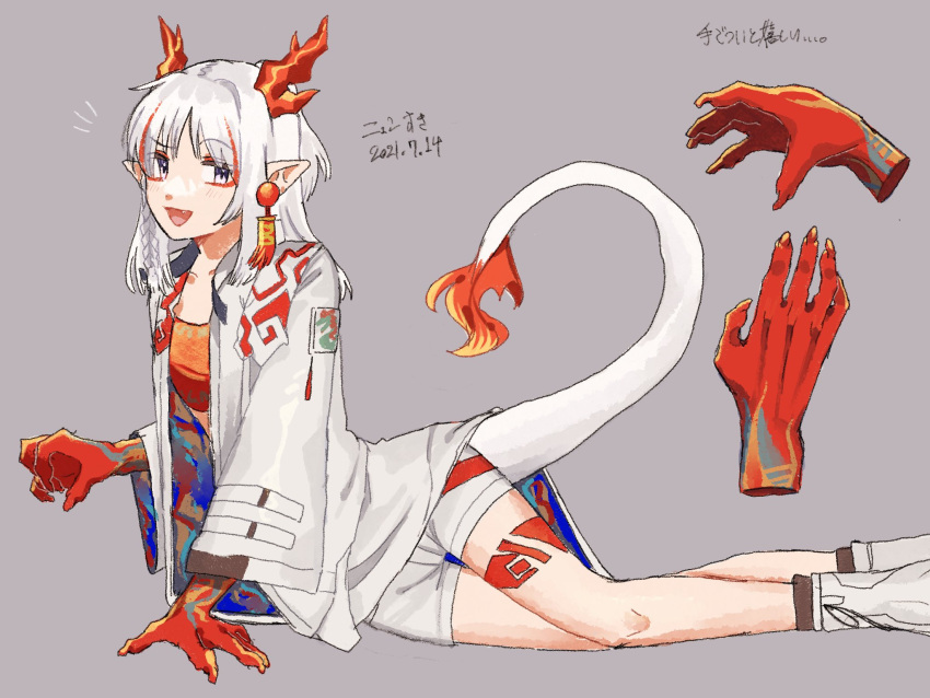 1girl arknights arm_support arm_tattoo braid character_name colored_skin commentary dated dragon_girl dragon_horns dragon_tail ear_piercing fang feet_out_of_frame grey_background highres horns jacket kawaii_inu5 looking_at_viewer lying multicolored_hair nian_(arknights) notice_lines on_side open_clothes open_jacket open_mouth piercing pointy_ears red_bandeau red_skin redhead shorts simple_background single_braid solo streaked_hair tail tail-tip_fire tattoo thigh_tattoo violet_eyes white_footwear white_hair white_jacket white_shorts