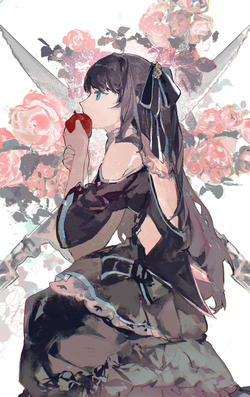 1girl absurdres apple arcaea backless_dress backless_outfit bangs black_dress black_hair black_ribbon blue_eyes character_request commentary dress eating english_commentary flower food from_side fruit hair_ribbon hands_up highres holding holding_food holding_fruit knife lobelia_(saclia) long_hair looking_away off-shoulder_dress off_shoulder pink_flower pink_rose profile ribbon rose sitting solo white_background