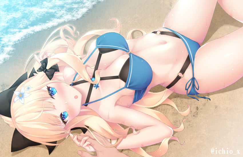 1girl bangs bare_shoulders beach bent_over bikini black_bow blonde_hair blush bow breasts elf flower green_bikini hair_bow hair_flower hair_ornament ichio large_breasts layered_bikini long_hair looking_at_viewer lying navel on_back open_mouth pointy_ears princess_connect! saren_(princess_connect!) solo swimsuit thighs